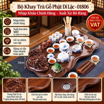 Bộ Khay Trà Gỗ Phật Di Lặc 01806 Cao Cấp – Nhập Khẩu Chính Hãng, Xuất Xứ Rõ Ràng, Giá Đã Gồm VAT
