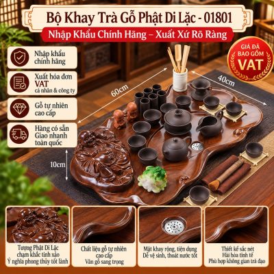 Bộ Khay Trà Gỗ Phật Di Lặc 01801 Cao Cấp – Nhập Khẩu Chính Hãng, Xuất Xứ Rõ Ràng, Giá Đã Gồm VAT