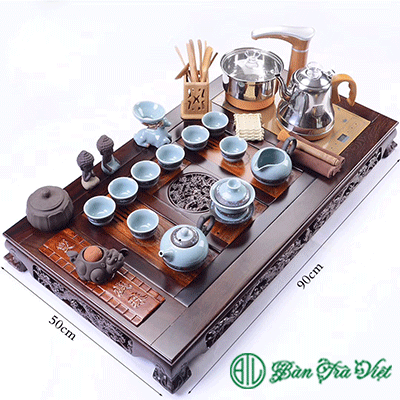 Bộ bàn trà điện cao cấp gỗ hương đúc rồng ấm chén hươu xanh