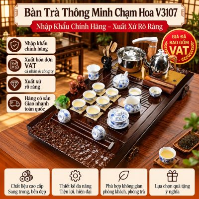 Bàn Trà Thông Minh Chạm Hoa V3107 Cao Cấp – Nhập Khẩu Chính Hãng, Xuất Xứ Rõ Ràng, Giá Đã Gồm VAT