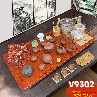 Bộ bàn trà điện thông minh cao cấp gỗ hương liền khối tượng di lặc V9302